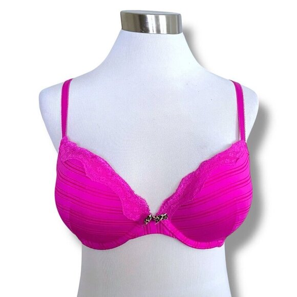 Ambrielle 34C Bra Raspberry Pink Sensual Stripe Plunge Push Up Padded Underwire - Picture 1 of 9
